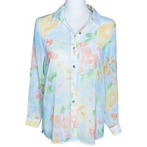 J. Jill Wm’s Sz XS Bright Floral Sheer Button Down Blouse